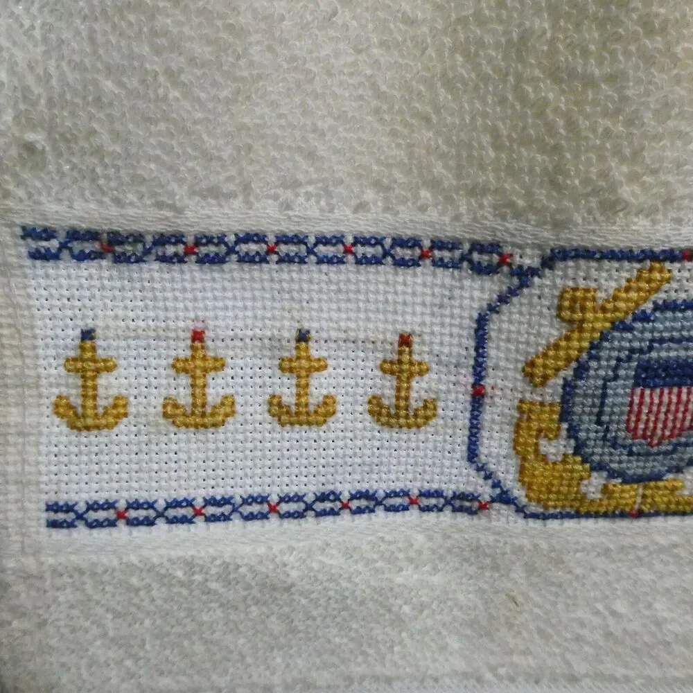 2 Coast Guard Cross Stitch Fingertip Towels Off White Anchors Ship Wheels Emblem